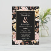 Black Boho Blooms & Bird Wedding Einladung (Stehend Vorderseite)
