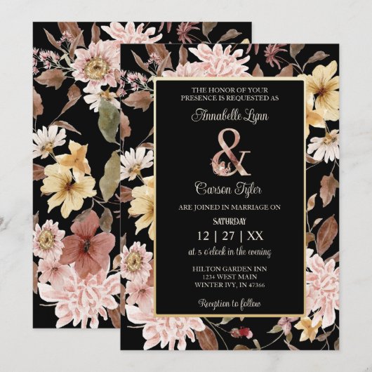 Black Boho Blooms & Bird Wedding Einladung (Vorne/Hinten)