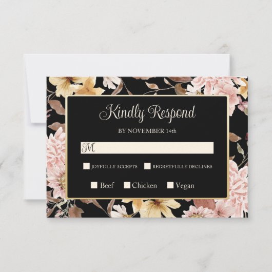 Black Boho Blooms & Bird Wedding RSVP (Vorderseite)