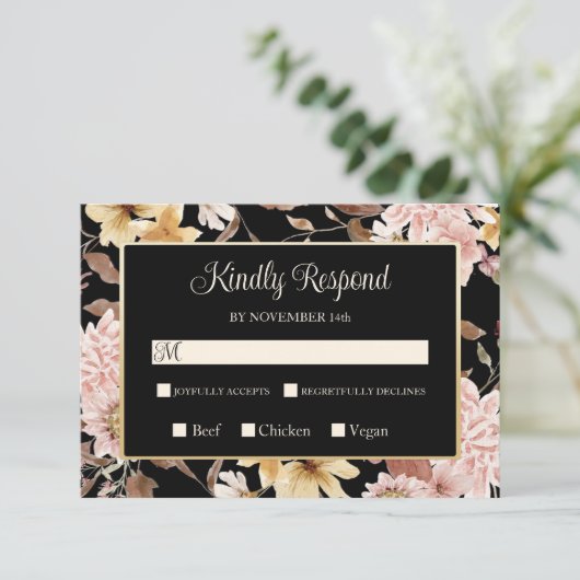 Black Boho Blooms & Bird Wedding RSVP (Stehend Vorderseite)
