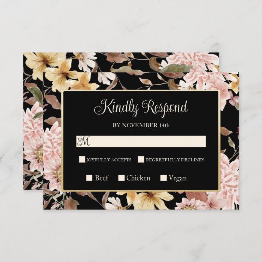 Black Boho Blooms & Bird Wedding RSVP (Vorne/Hinten)