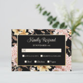 Black Boho Blooms & Bird Wedding RSVP Karte (Stehend Vorderseite)