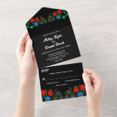 Black Boho Blue Rote Rosen Romantic Floral Wedding All In One Einladung (Abreißen)