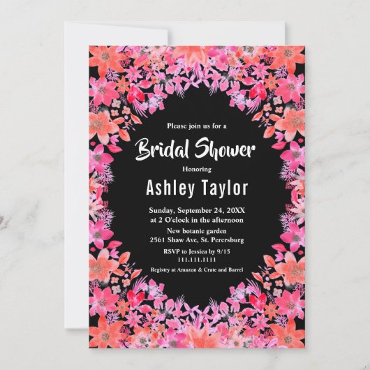 Black Boho Blume Brautparty Einladung (Vorderseite)