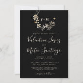 Black Boho Botanical Foliage Monogram Wedding Invi Einladung (Vorderseite)