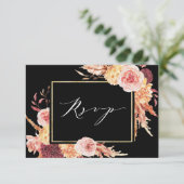 Black Boho Burgundy Terracotta Hochzeit der Blumen RSVP Karte (Stehend Vorderseite)