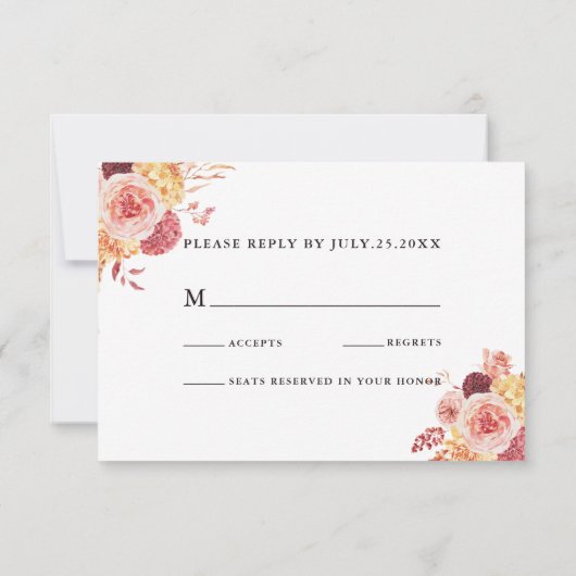 Black Boho Burgundy Terracotta Hochzeit der Blumen RSVP Karte (Rückseite)