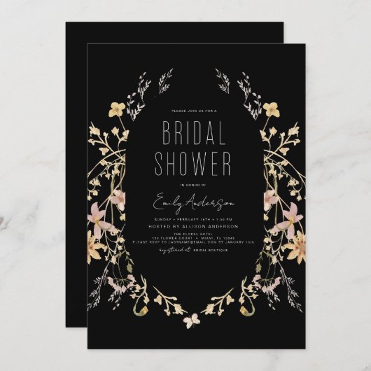 Black Boho Chic Wildblume Brautparty Elegante Einladung (Vorne/Hinten)