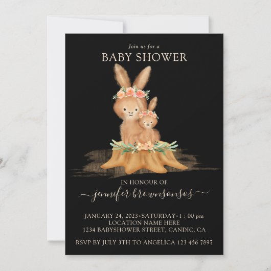 Black Boho Familie Rabbit Mommy Babydusche Einladung (Vorderseite)