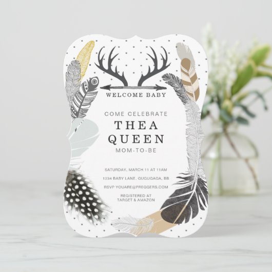 Black Boho Feather Baby Dusche einladen Einladung (Stehend Vorderseite)