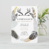 Black Boho Feather Birthday Einladung (Stehend Vorderseite)