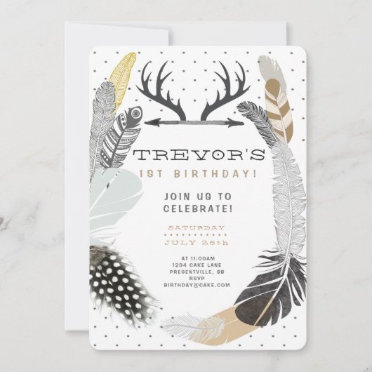 Black Boho Feather Birthday Einladung (Vorderseite)