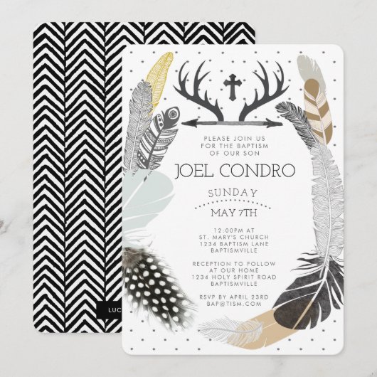 Black Boho Feather Taufe Einladung (Vorne/Hinten)