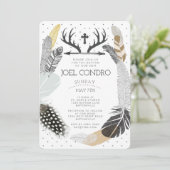 Black Boho Feather Taufe Einladung (Stehend Vorderseite)
