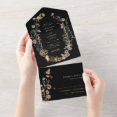 Black Boho Floral All in One Wedite Einladung (Abreißen)