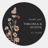 Black Boho Floral Classic Round Aufkleber (Vorderseite)