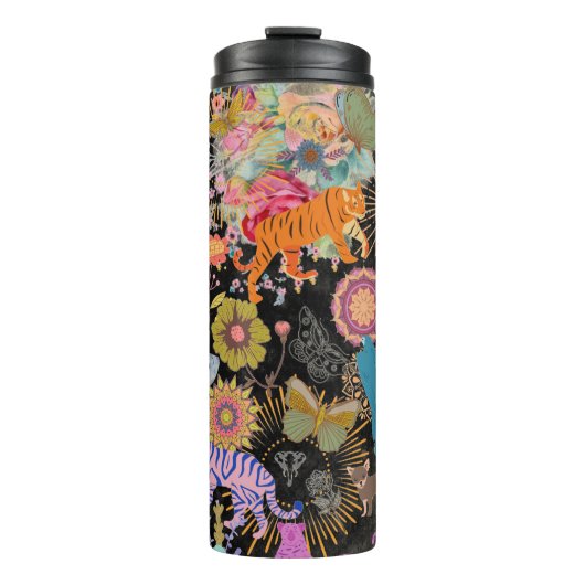 Black Boho Floral Nature Pattern Botanical Thermosbecher (Vorderseite)
