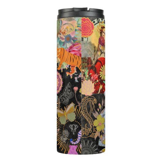 Black Boho Floral Nature Pattern Botanical Thermosbecher (Rückseite)