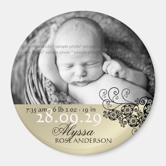 Black Boho Floral Paisley Birth Announcement Foto Magnet (Vorne)