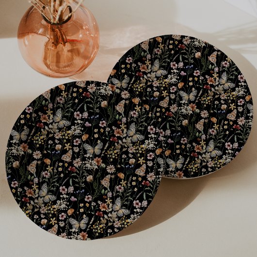Black Boho Floral Paper Plate Pappteller