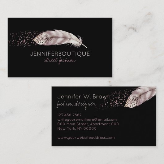 Black Boho Glitzer Girly Bird Feather Visitenkarte (Vorne/Hinten)