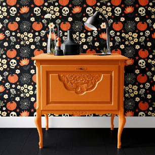 Black Boho Halloween Skulls und Pumpkins Tapete
