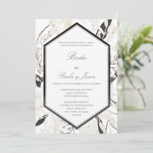 Black Boho Hochzeit en español Einladung (Stehend Vorderseite)