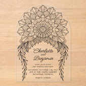 Black Boho Mandala Leafy Vine Wedding Acryleinladungen (Vorderseite)