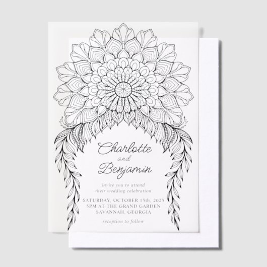 Black Boho Mandala Leafy Vine Wedding Pergament Einladungen (Versetzt)