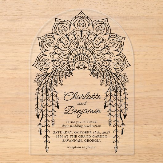Black Boho Mandala Moderne Hochzeit Acryleinladungen (Vorderseite)