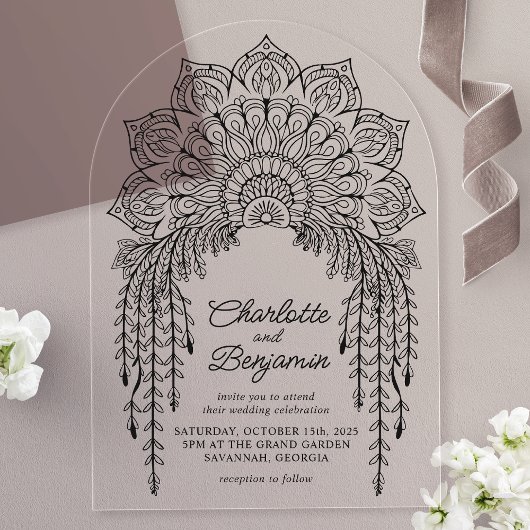 Black Boho Mandala Moderne Hochzeit Acryleinladungen