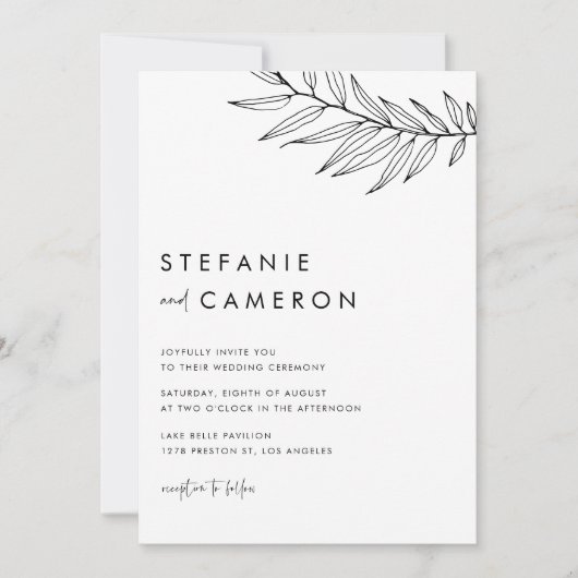 Black Boho Minimalistisch Foliage QR Code Wedding Einladung (Vorderseite)