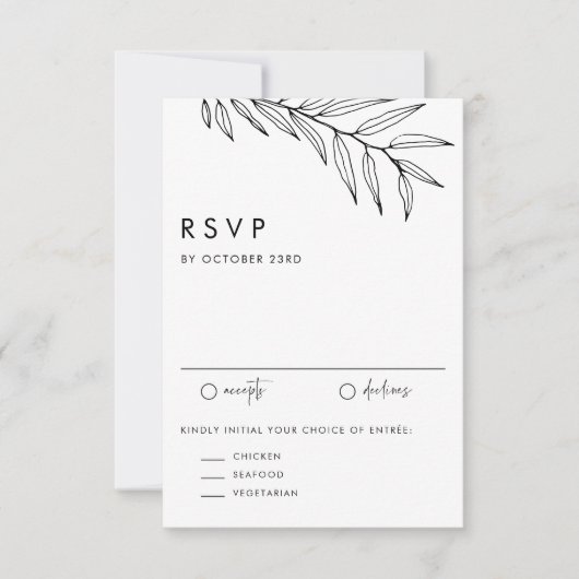 Black Boho Minimalistisch Foliage Wedding RSVP Karte (Vorderseite)