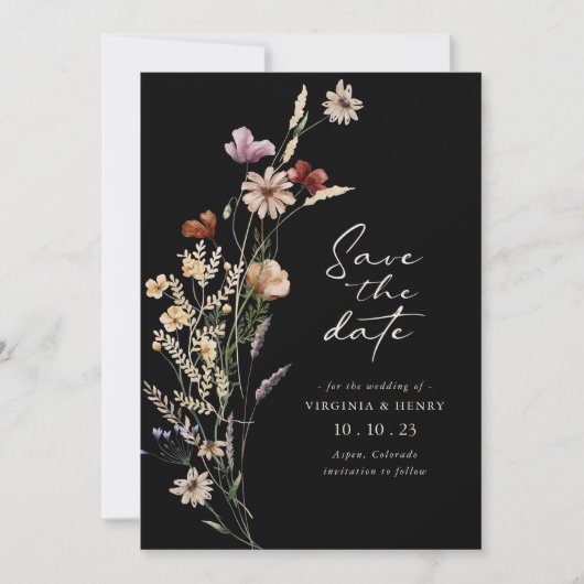 Black Boho Save the Date Flat Card (Vorderseite)