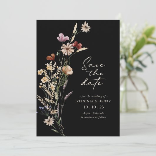 Black Boho Save the Date Flat Card (Stehend Vorderseite)