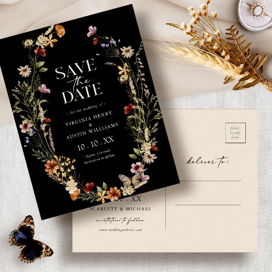 Black Boho Save the Date Postcard Postkarte