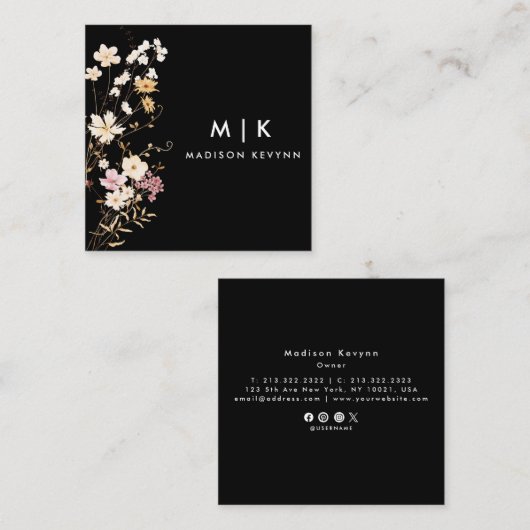 Black Boho Watercolor Wildblume Blumendesigner Quadratische Visitenkarte (Vorne/Hinten)