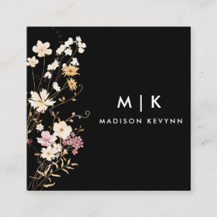 Black Boho Watercolor Wildblume Blumendesigner Quadratische Visitenkarte