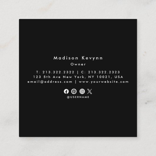 Black Boho Watercolor Wildblume Blumendesigner Quadratische Visitenkarte (Rückseite)