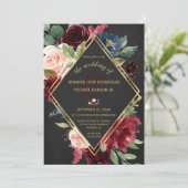 Black Boho Wedding Burgundy Merlot Gold Floral Einladung (Stehend Vorderseite)
