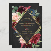 Black Boho Wedding Burgundy Merlot Gold Floral Einladung (Vorne/Hinten)