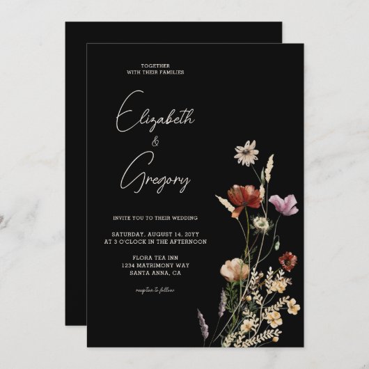 Black Boho Wildblume Hochzeitseinladung Einladung (Vorne/Hinten)