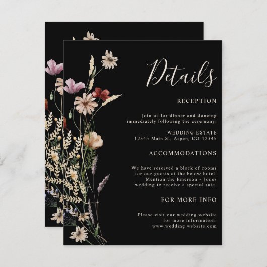 Black Boho Wildblumen Hochzeit Begleitkarte (Vorne/Hinten)