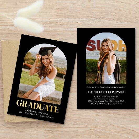 Black Bold Gold Typography 2 Photo Arch Graduation Folieneinladung