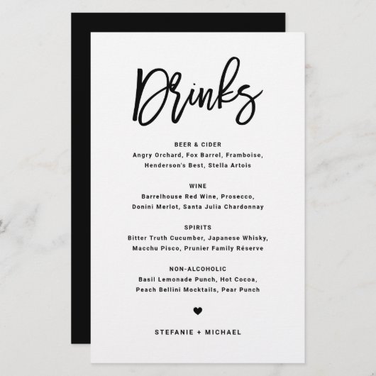Black Bold Modern Calligraphy Wedding Drinks Menu (Vorne/Hinten)
