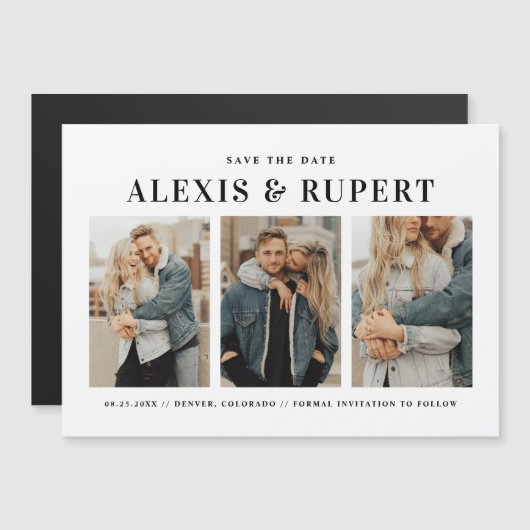 Black Bold Typography Three Photo Save the Date Magneteinladung (Vorne/Hinten)