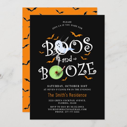 Black Boos & Booze Halloween-Party Einladung (Vorne/Hinten)