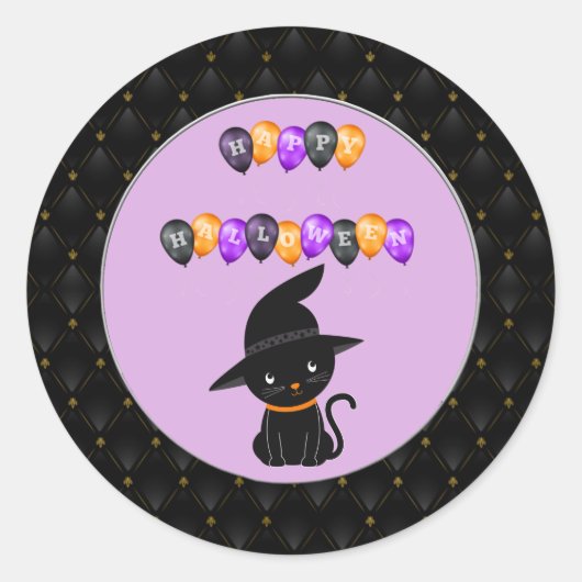 Black Border Black Cat Happy Halloween Balloons Runder Aufkleber (Vorderseite)