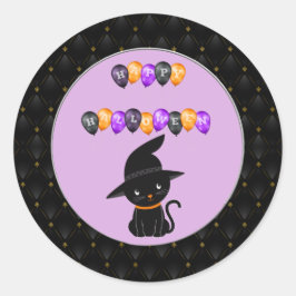 Black Border Black Cat Happy Halloween Balloons Runder Aufkleber