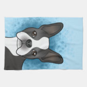 Black Boston Terrier Cartoon Dog Kopf auf blau Geschirrtuch (Horizontal)